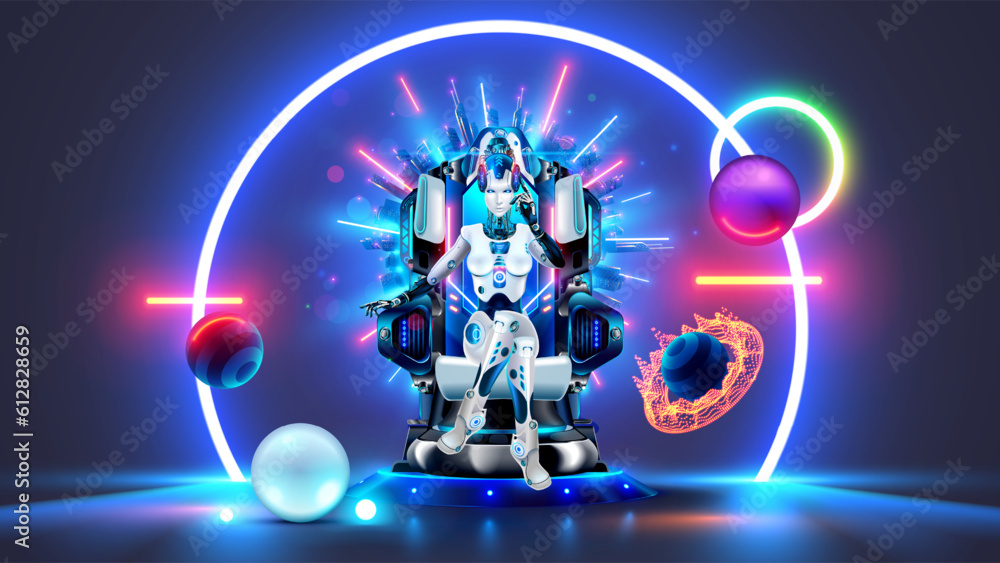 Leinwandbilder ai rules world. robot female queen sits on throne. beautiful cyborg woman with ai in armchair on pod