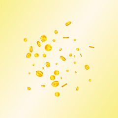 Japanese yen coins falling. Scattered gold JPY