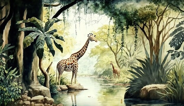 African tropical rainforest scene depicted in a 3D watercolor painting with trees close to a river and giraffes. Generative Ai.