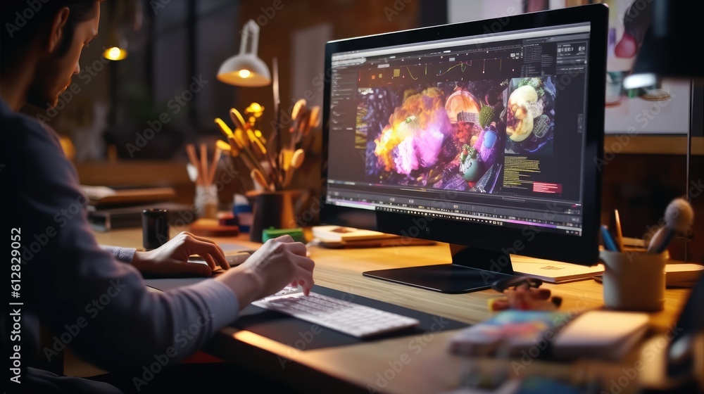 Fototapete graphic designer work on computer laptop and with graphic drawing pen. generative ai