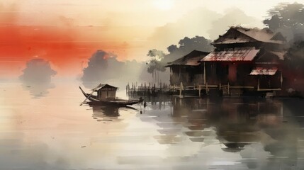 Fototapeta premium Chinese style artistic conception ink landscape illustration book