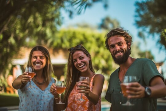Group of friends enjoying a sunny day by the pool in the villa's garden, clinking their beers together in celebration. Generative AI