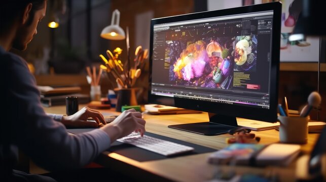 Graphic designer work on computer laptop and with graphic drawing pen. Generative AI