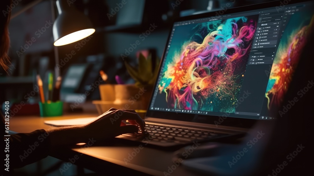 Fototapete graphic designer work on computer laptop and with graphic drawing pen. generative ai