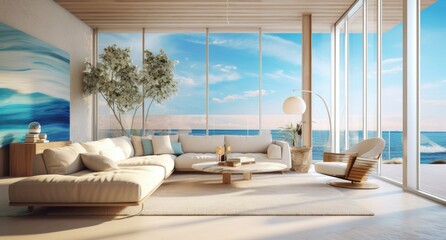 Modern luxury home showcase living room with ocean view