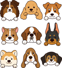 Set of outlined cute and simple dog heads with front paws