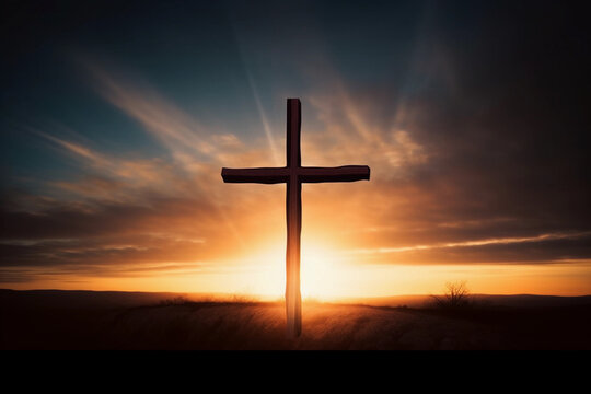 Cross at sunset in a field. Christian worship concept.Image ai generate Image ai generate