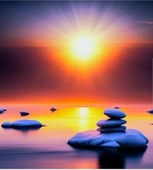 Fototapeta na wymiar Beautiful picture of sun with lake and stone