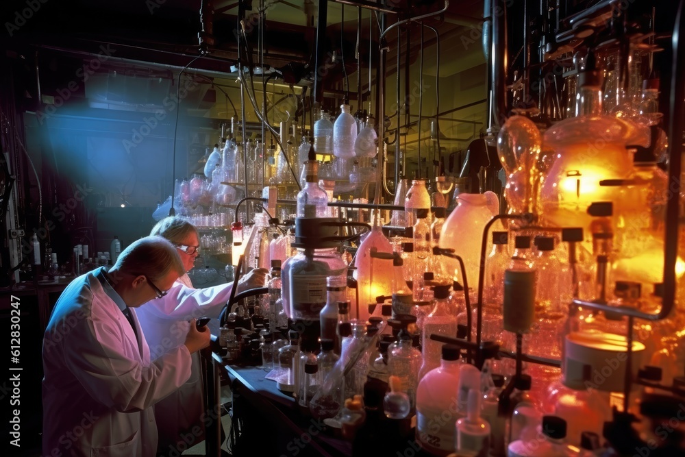 Poster team of scientists conducting experiments in a chemistry lab. generative ai