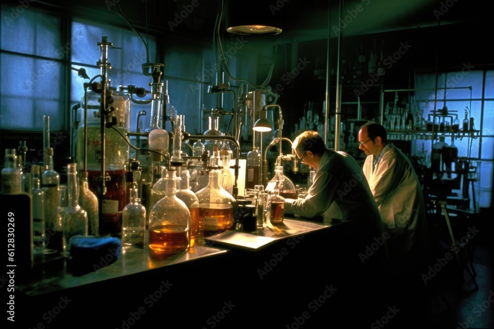 Poster team of scientists conducting experiments in a chemistry lab. generative ai