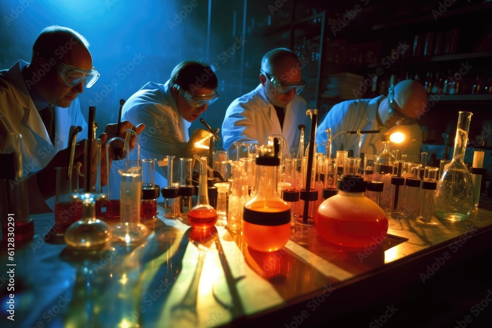 Poster team of scientists conducting experiments in a chemistry lab. generative ai
