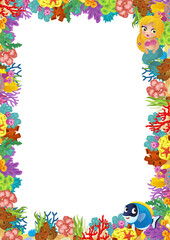 cartoon scene with coral reef and happy fishes swimming near mermaid princess isolated illustration for children