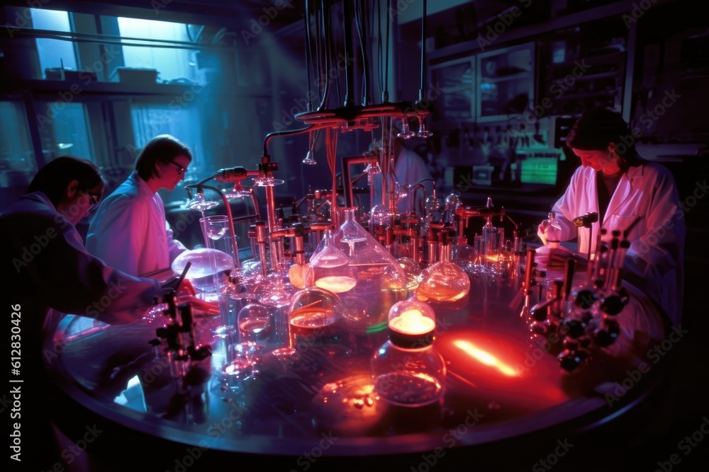 Poster team of scientists conducting experiments in a chemistry lab. generative ai