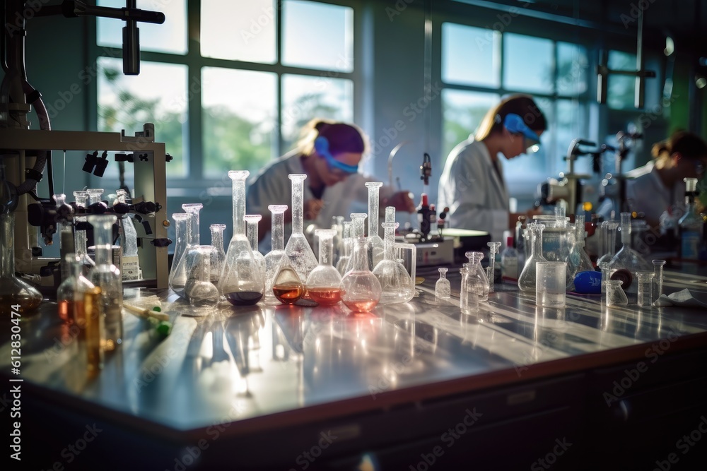 Poster team of scientists conducting experiments in a chemistry lab. generative ai