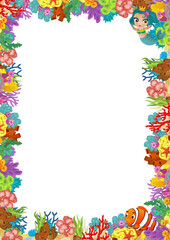 cartoon scene with coral reef and happy fishes swimming near mermaid princess isolated illustration for children