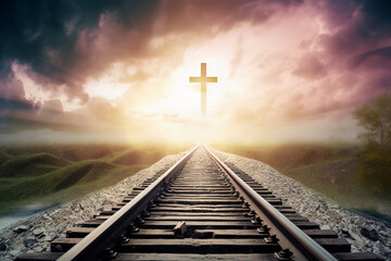 Church worship concept: Cross in the middle of railway tracks at sunset Image ai generate - obrazy, fototapety, plakaty