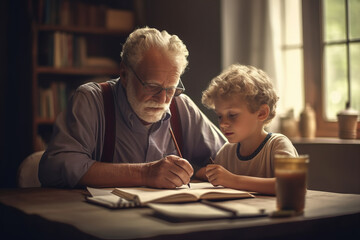 A heartwarming indoor scene featuring a senior man assisting his young grandson with his school homework at a table, located in a vibrant, contemporary living room with expansive windows