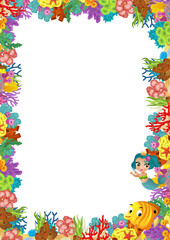 cartoon scene with coral reef and happy fishes swimming near mermaid princess isolated illustration for children