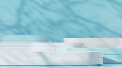 Blue background for product presentation with shadows and light. Empty platforms. Mockup for the...