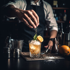 Fototapeta na wymiar Bartender preparing a cocktail. Generative AI.
