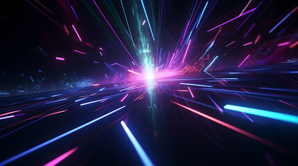 Blue pink and purple neon glow laser beam light lines moving fast,digital, high speed internet, cyberpunk, techonogy backdrop. futuristic abstract background. Generative AI