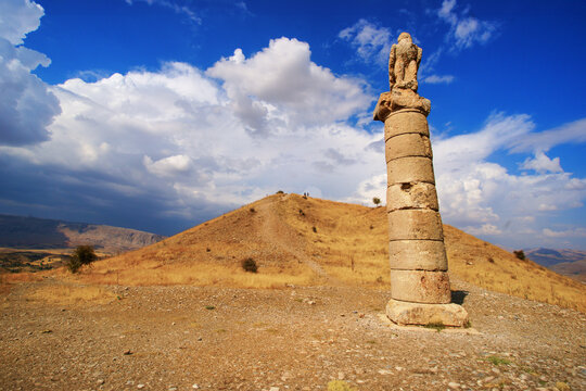 Karakuş tumulus and historical black bird statues and columns in Kahta district of Adıyaman province. (206-69 BC)