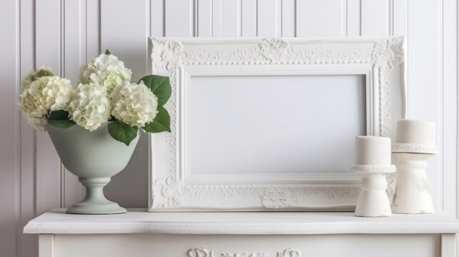 Beautiful white wooden frame mockup background, candlestick and hydrangea flower bouquet on the sidetable, modern classic, english cottage, vintage backdrop. Generative AI