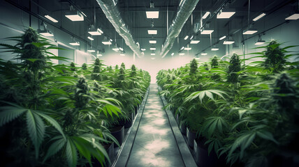 Cannabis farm indoor. Many marijuana plants stand side by side in a warehouse-Generative AI