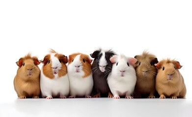 Cheerful group of guinea pigs on a white background. Generative AI.