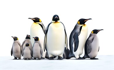 Fototapeta premium Group of Emperor Penguins on a white background. Generative AI.