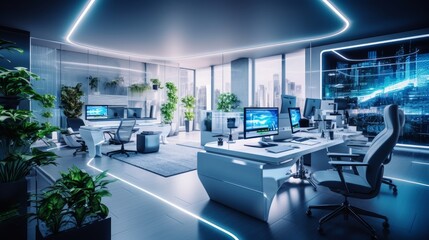 white futuristic business office bureau with smart technologies and green plants. Generative AI