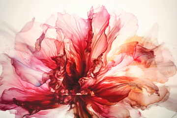 Splash of colored ink in water in shape of peony. Mixing paints in water. Abstract colorful gradient floral blossom background for wallpaper, poster, product packaging or presentations. Generative AI