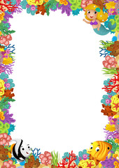 cartoon scene with coral reef and happy fishes swimming near mermaid princess isolated illustration for children