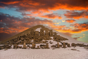 God statues and Mount Nemrut on Mount Nemrut in Adıyaman