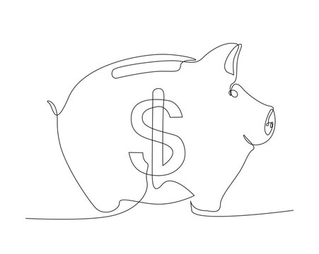 Continuous one line drawing of piggy saving money bank. Piggy bank with dollar symbol line art vector illustration. Business and economy concept. Editable stroke.	