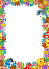 Fototapeta premium cartoon scene with coral reef and happy fishes swimming near mermaid princess isolated illustration for children