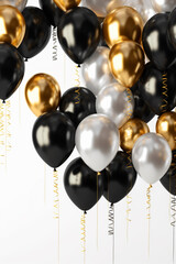 fliegende goldene, schwarze und weiße Ballons auf hellem Hintergrund. Hochkant. Hochformat. Generative Ai.