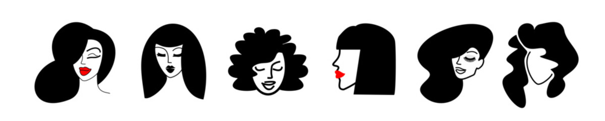 girl face logos for beauty salon. makeup and beautiful hairstyles icons set. female emblem portrait