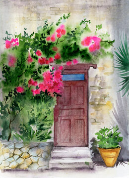 Watercolor illustration of an old wooden red door with a red rose climbing the wall and clay pot with flower plant