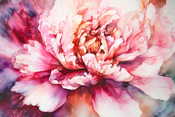 Beautiful abstract floral background. Watercolor drawing of a delicate peony. Close-up. Blossom flower colorful background for wallpaper, posters, product packaging or presentations. Generative AI