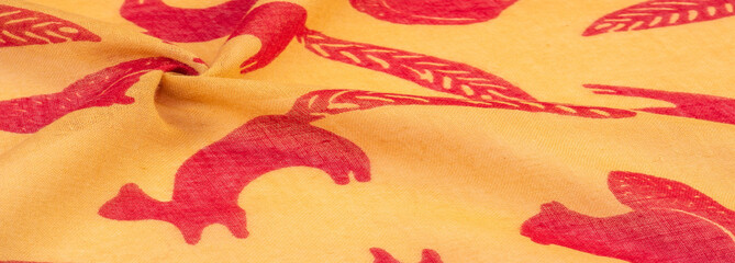 Texture, background, cotton fabric thin yellow with a print of squirrels, martens, sables. Pattern, Decor, Textile, Art, with this fabric you immerse yourself in the world of Rokashi and prosperity