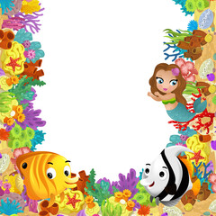 cartoon scene with coral reef and happy fishes swimming near mermaid princess isolated illustration for children