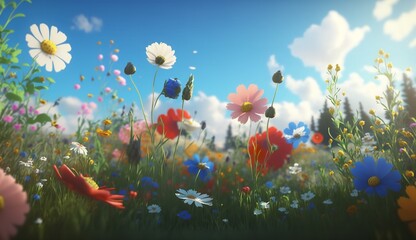Fototapeta na wymiar An illustration of a springtime flower meadow. Generative ai.