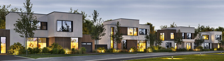 Street of new modern houses. Evening view