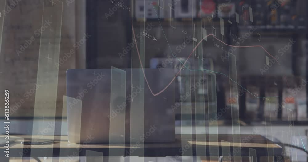 Poster animation of statistical data processing against close up of laptop on office desk