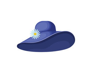 A woman s hat with a flower. Women s summer head accessory in blue. Beach fashion for women and children. Vector illustration isolated on a white background. Protection from the sun.