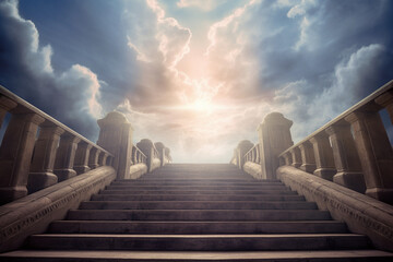 Obraz premium A captivating image of a stairway ascending toward the heavenly sky, bathed in divine light. Image ai generate