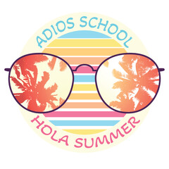 Adios School, Hola Summer text in a round frame with a sunglasses and palm trees silhouettes. Vector illustration isolated on a white background © tiena