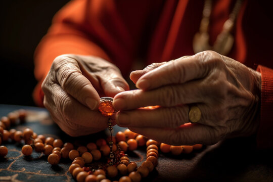Image of hands of a yong lady holding a rosary, engaged in prayerful contemplation Image ai generate