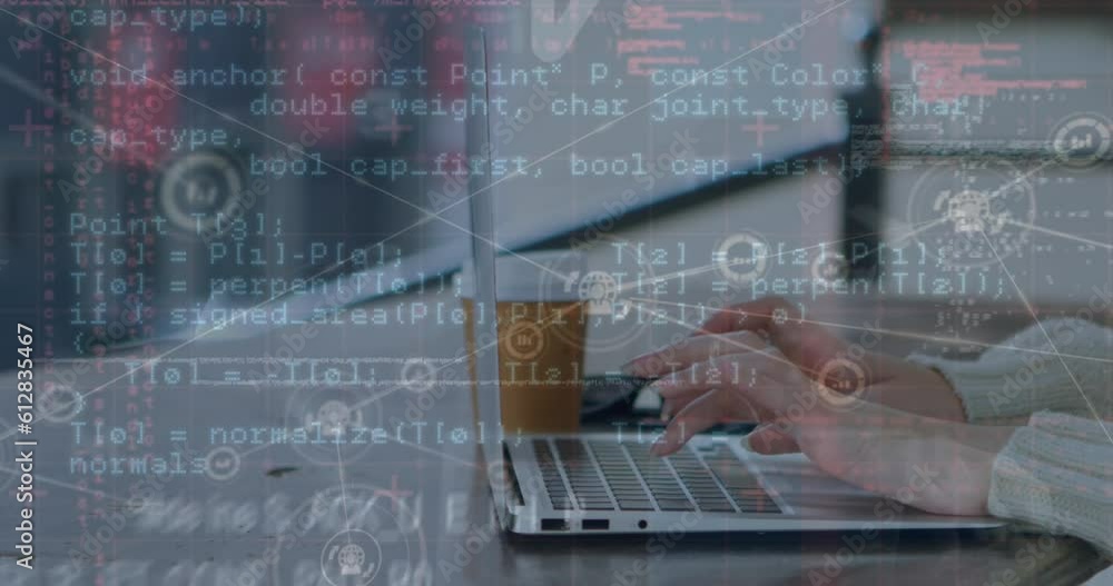 Poster animation of network of digital icons and data processing against mid section of woman using laptop
